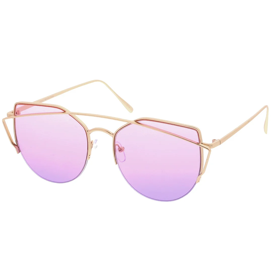 Women's Semi Rimless Metal Brow Bar Round Colored Flat Lens Cat Eye glasses