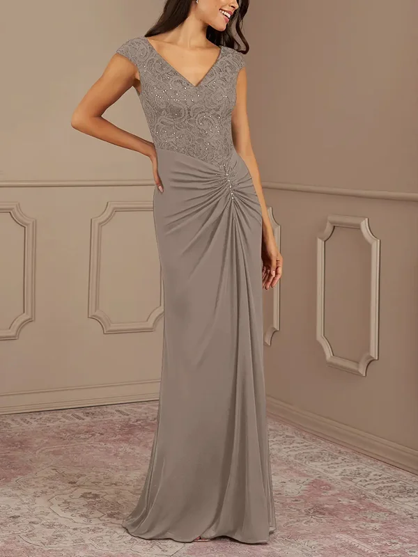 V-Neck Short-Sleeve Lace Solid Color Maxi Dress