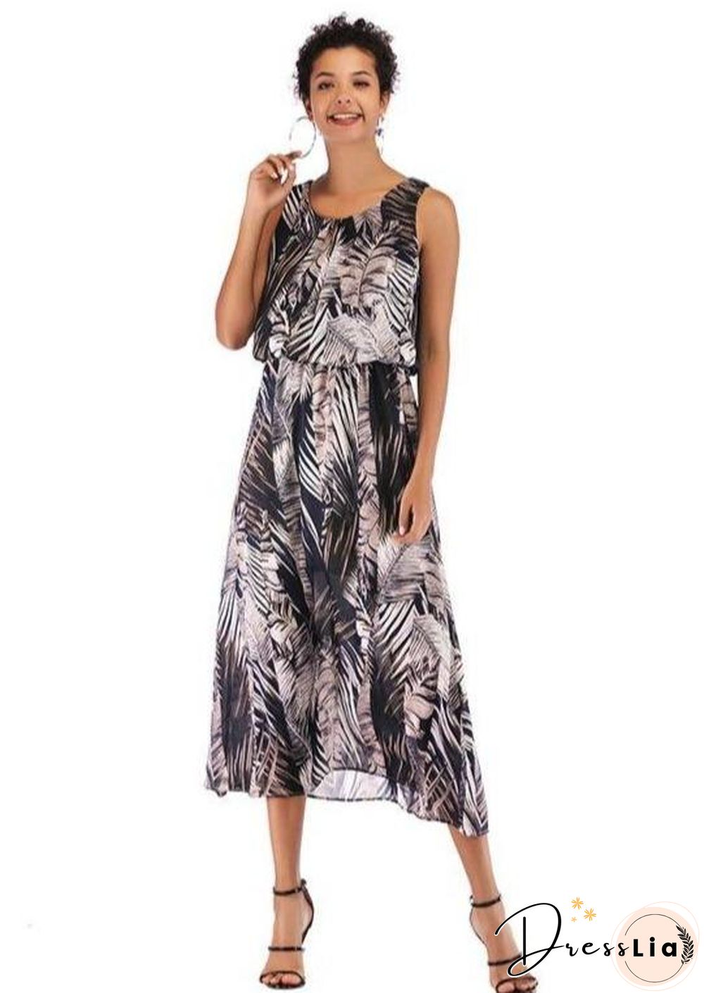 Printed pleated vest dress with suspender P14256