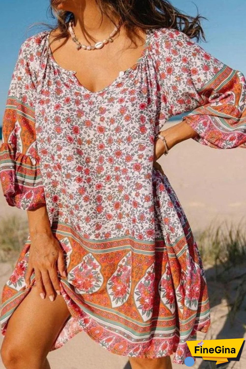 Fashion Casual Print Split Joint V Neck Princess Dresses