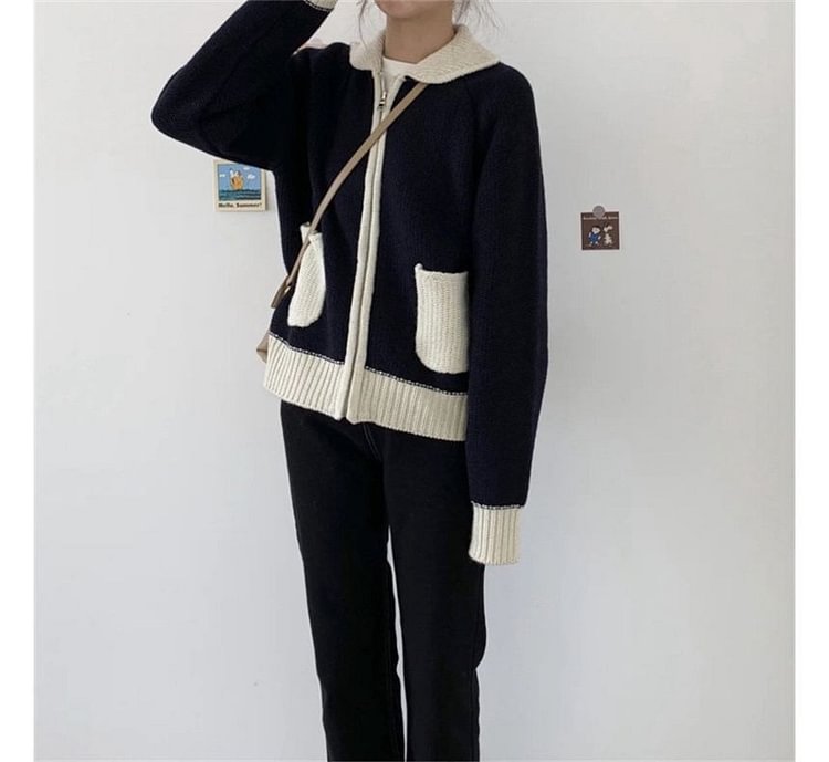 Collared Two-Tone Zip-Up Cardigan ZL5