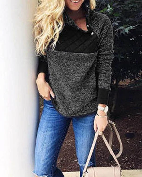 High Neckline Color Block Loose Regular Buttons Sweaters