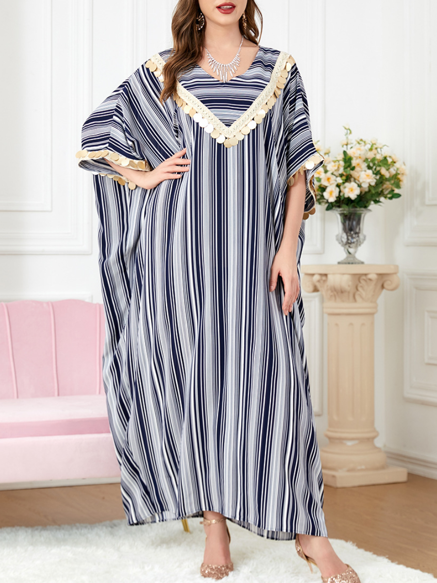 Striped Batwing Sleeve Sequined V Neck Loose Dress | Oxredo Shop Ramadan Sale