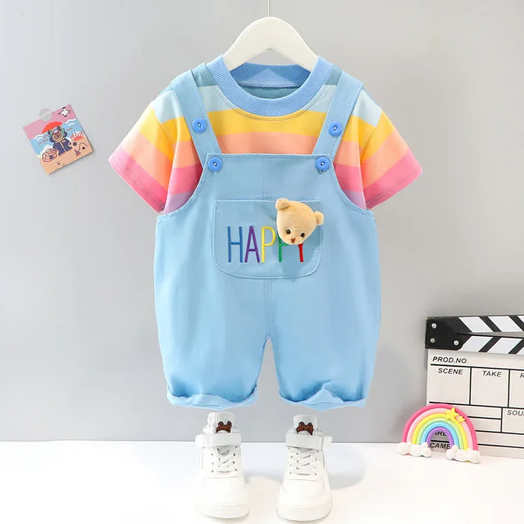 HAPPY Baby Striped Tee and Bear Overalls Set