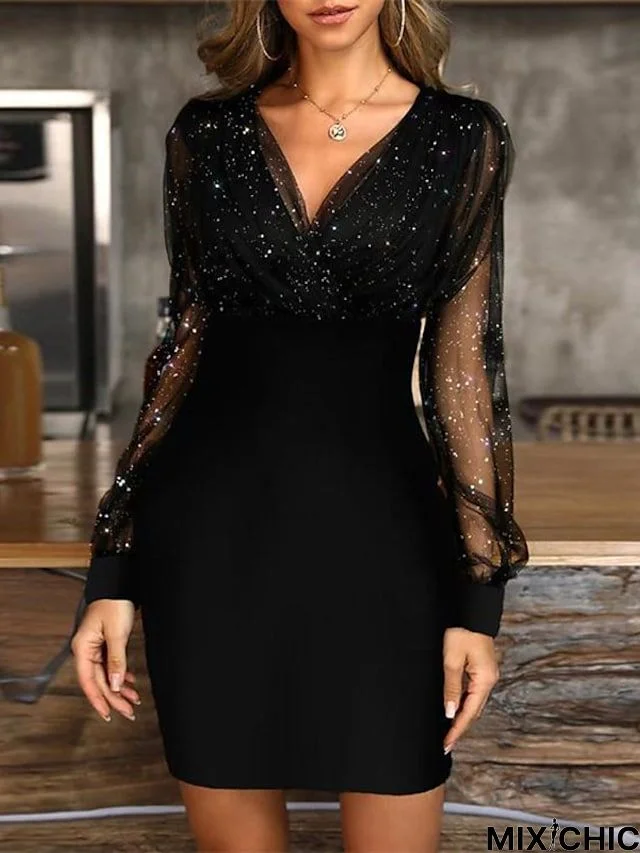 Women's Semi Formal Party Dress Sequin Dress Bodycon Mini Dress Black Wine Purple Long Sleeve Pure Color Sequins Winter Fall Spring V Neck Fashion Winter Dress Fall Dress 2023 S M L XL XXL