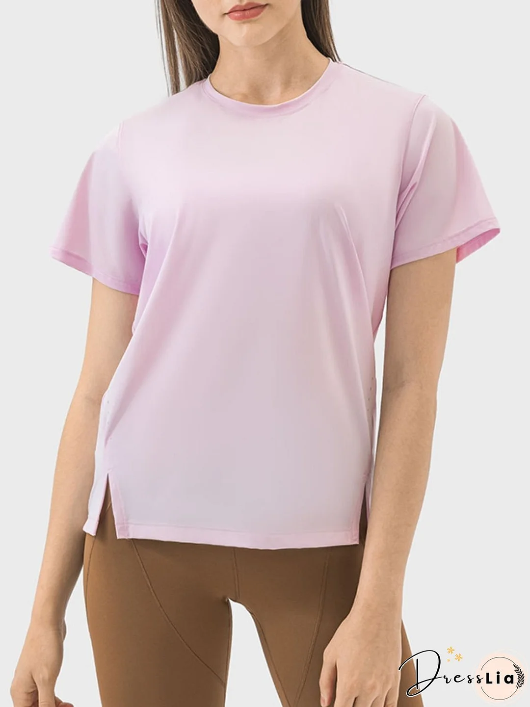Slit Round Neck Short Sleeve Active T-Shirt