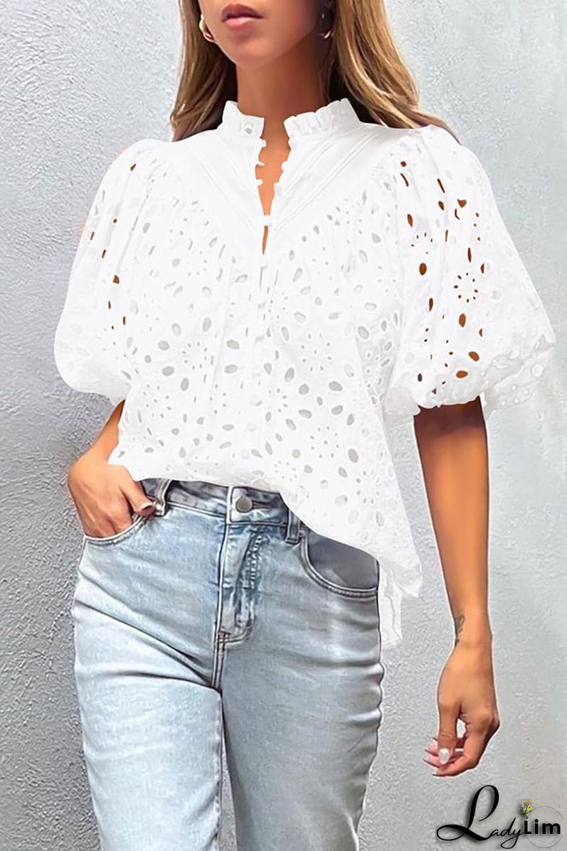 Casual Solid Hollowed Out Buckle Mandarin Collar Tops