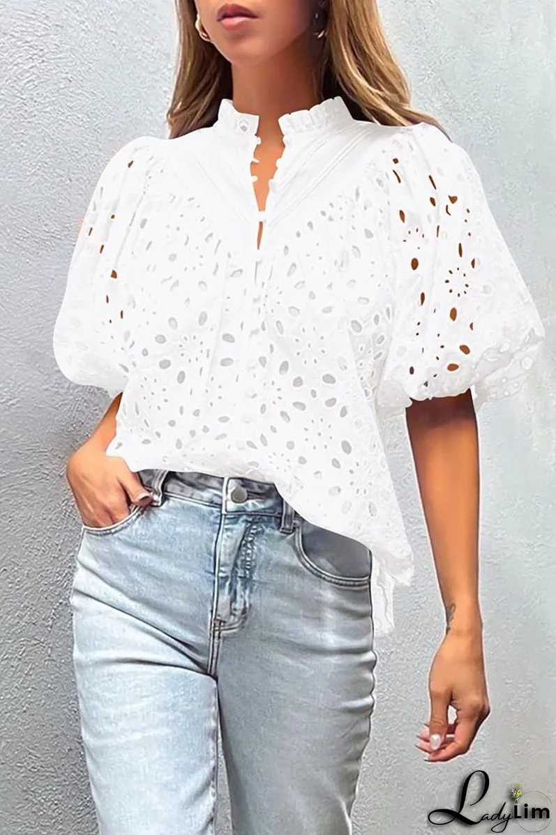 Casual Solid Hollowed Out Buckle Mandarin Collar Tops