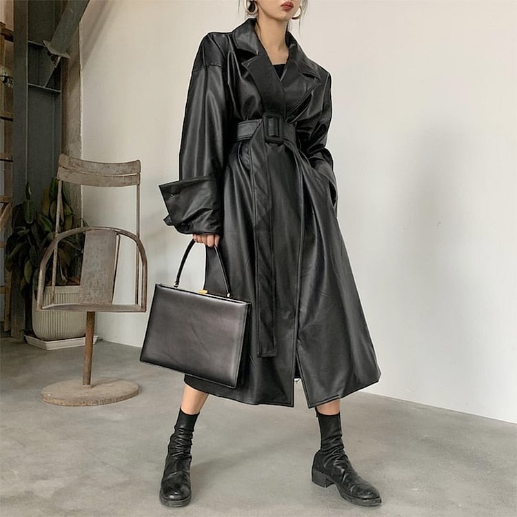 Lautaro Long oversized leather trench coat for women long sleeve lapel loose fit Fall Stylish black women clothing streetwear - BlackFridayBuys