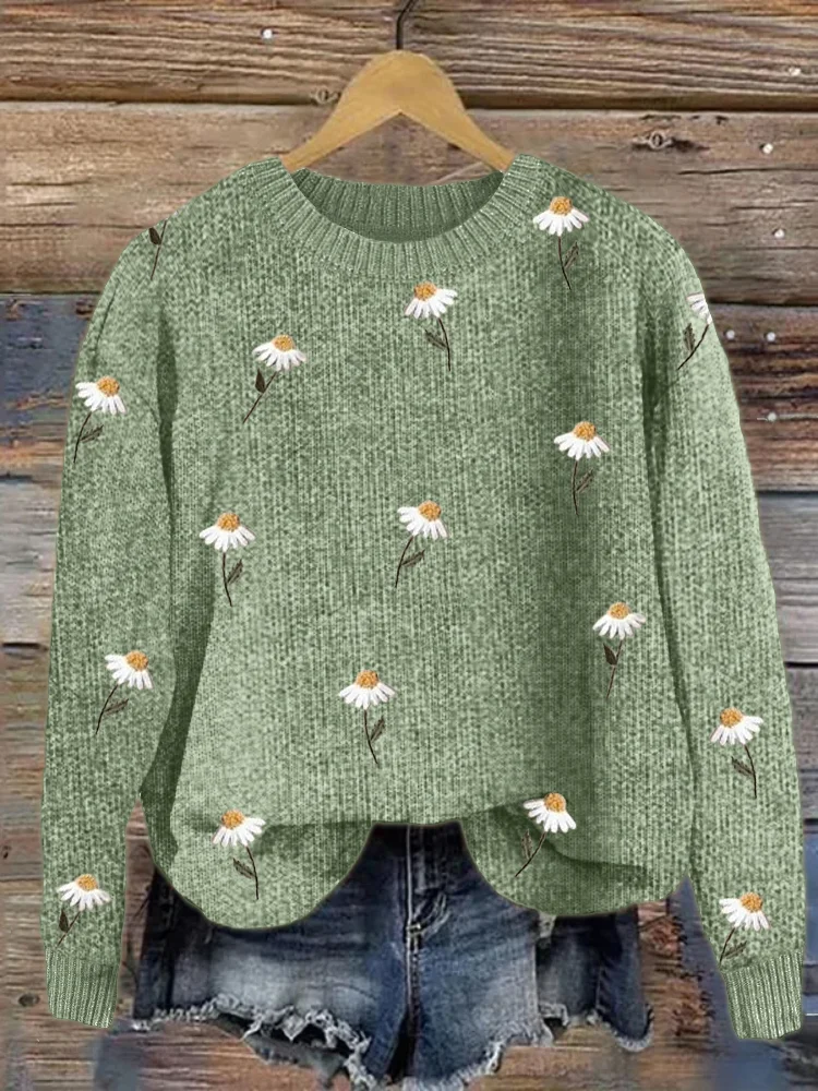 VChics Daisy Embroidery Pattern Cozy Knit Sweater