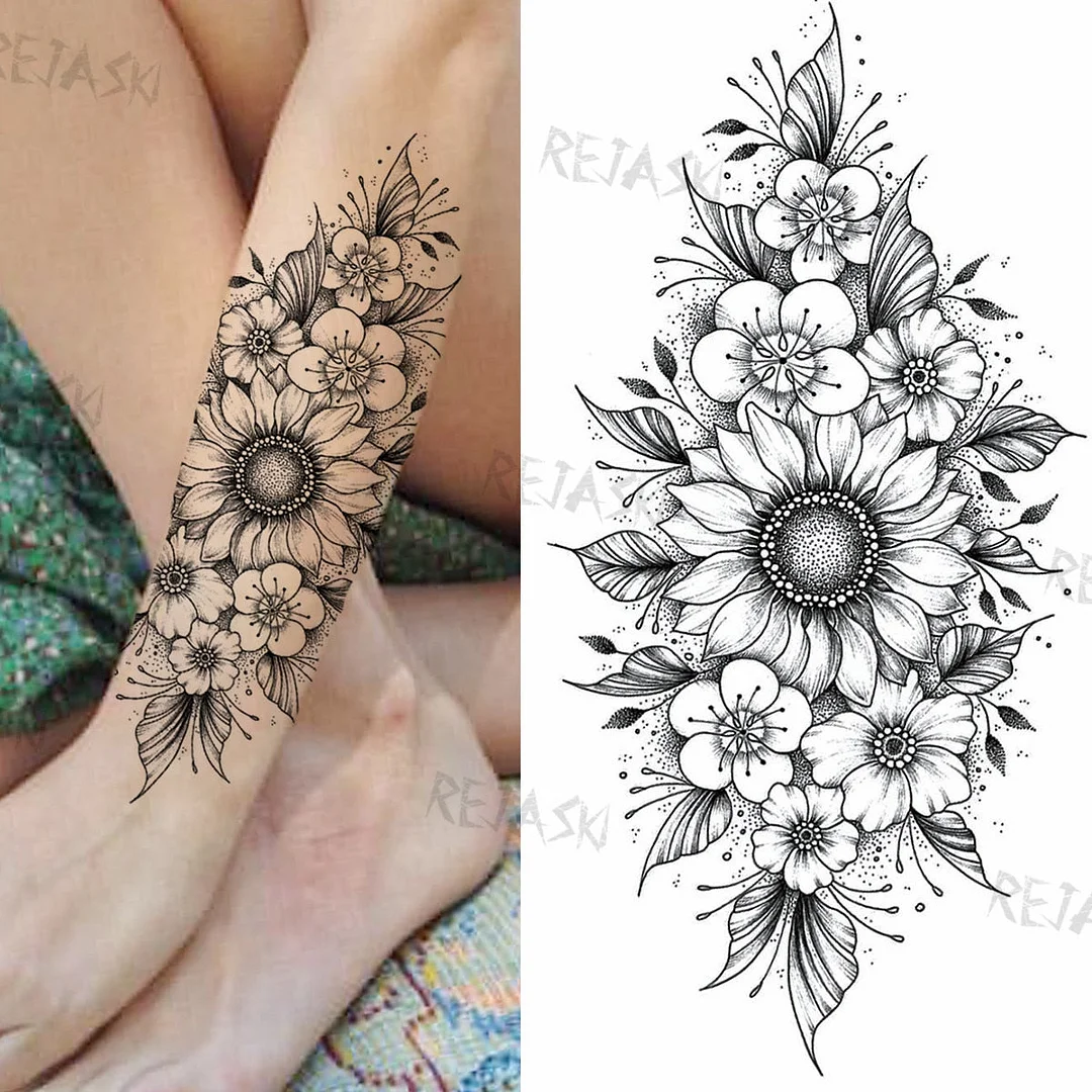 Sexy Snake Flower Fake Temporary Tattoo For Women Black Sunflower Tattoos Bloosom Big Daisy Camellia Water Transfer Tatoos Legs