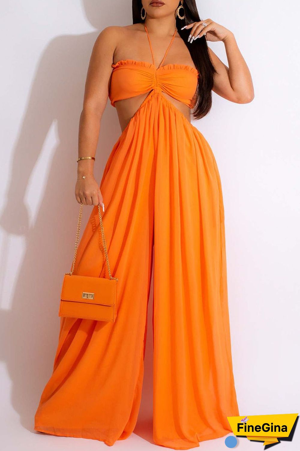 Orange Sexy Solid Patchwork Backless Halter Straight Jumpsuits