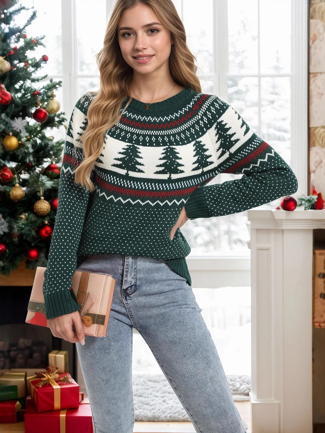 Athvotar Athvotar And Winter New Christmas Sweater Women Loose Knitted Green Pine Embroidered Clothes On The Head
