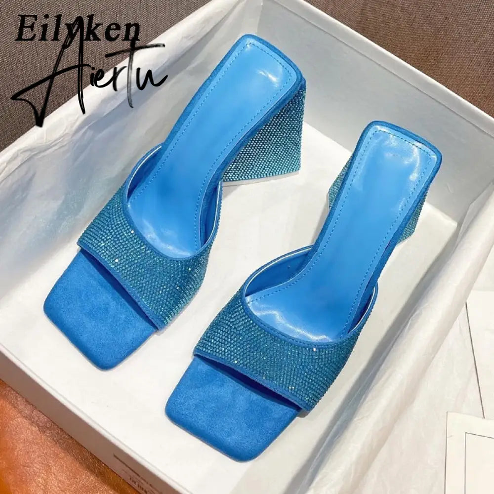 New Summer CRYSTAL Triangle Thick heel Slippers Sexy Street Woman Square toes Dress Party shoes size 35-41 Aiertu