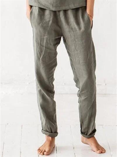 Women's elastic waist solid color cotton and linen casual trousers socialshop