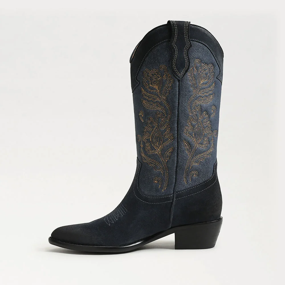 Women's Navy Closed Toe Block Heel Floral Embroidered Cowboy Boots