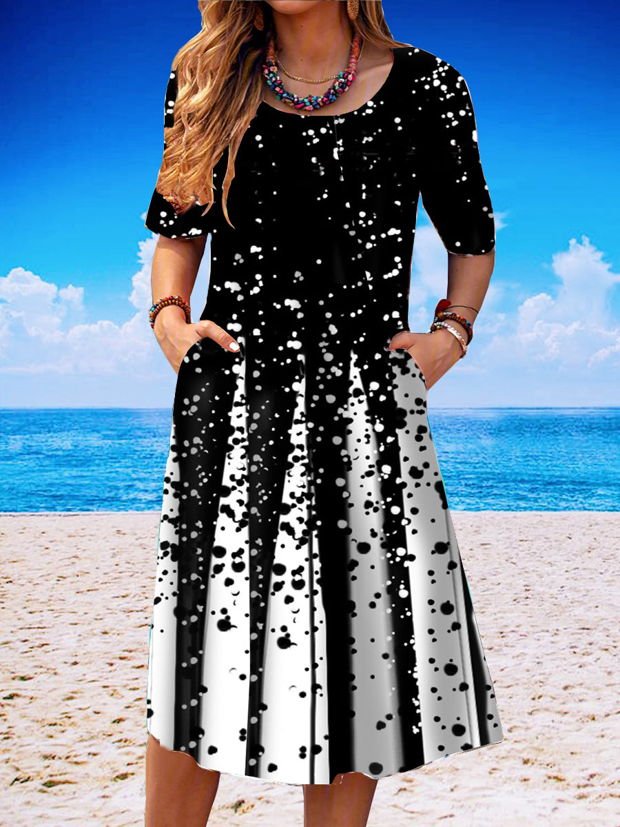 Women Casual Short Sleeve Scoop Neck Colorblock Printed Midi Dress