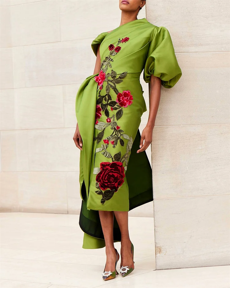 Women's Green Flower Embroidery Dress - 01