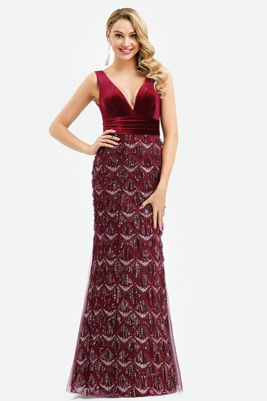 Bellasprom Luxury Burgundy Vlevet Mermaid Evening Prom Dress With Tassels V-Neck Bellasprom