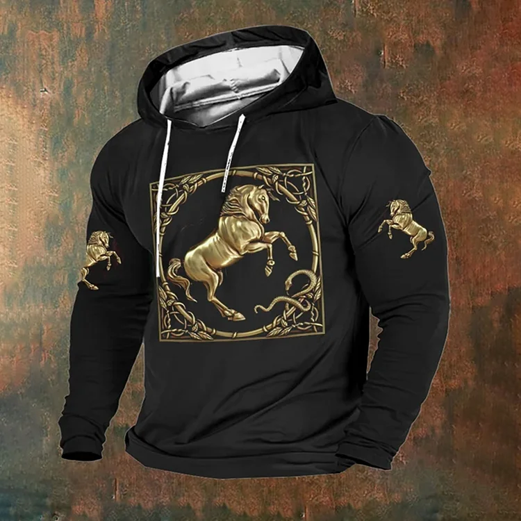 Wearshes Men'S Retro Casual Horse Print Hoodie