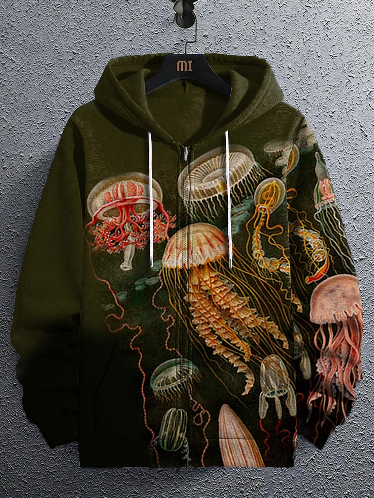 Men's Retro Sea Jellyfish Flowing Art Print Hooded Zip Up Jacket