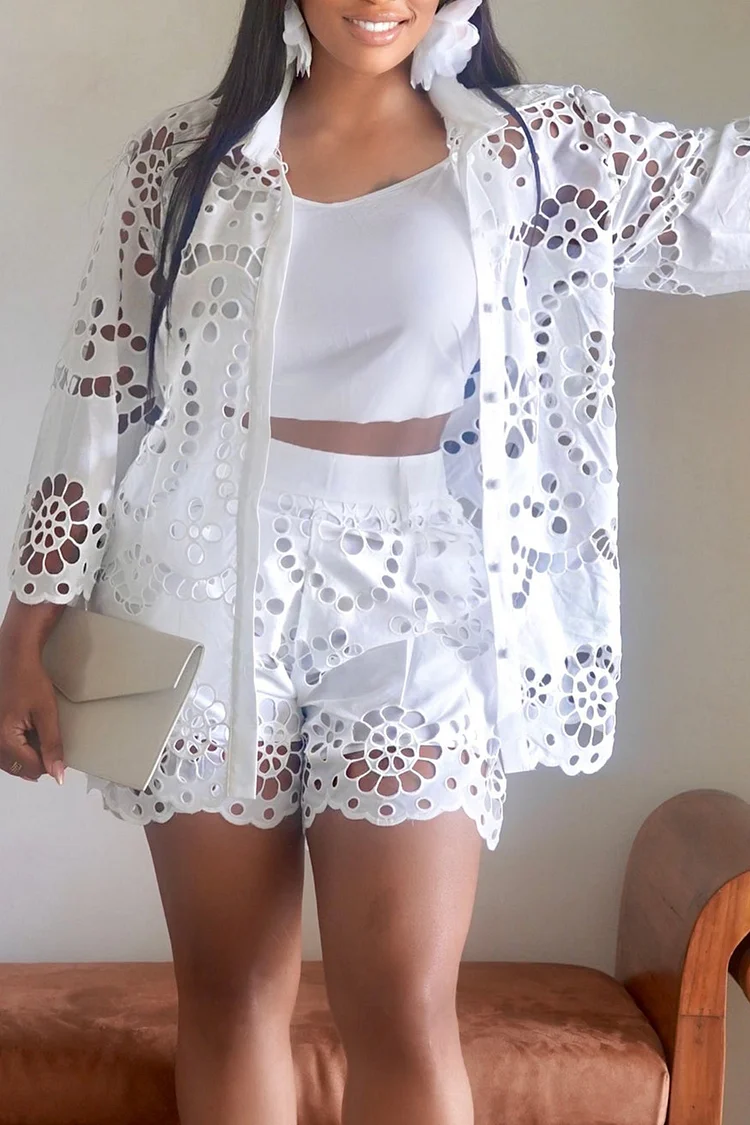 Plus Size Vacation White Shirt Collar 3/4 Sleeve Cut Out Pocket Guipure Lace Two Piece Short Sets 2024 - Xpluswear
