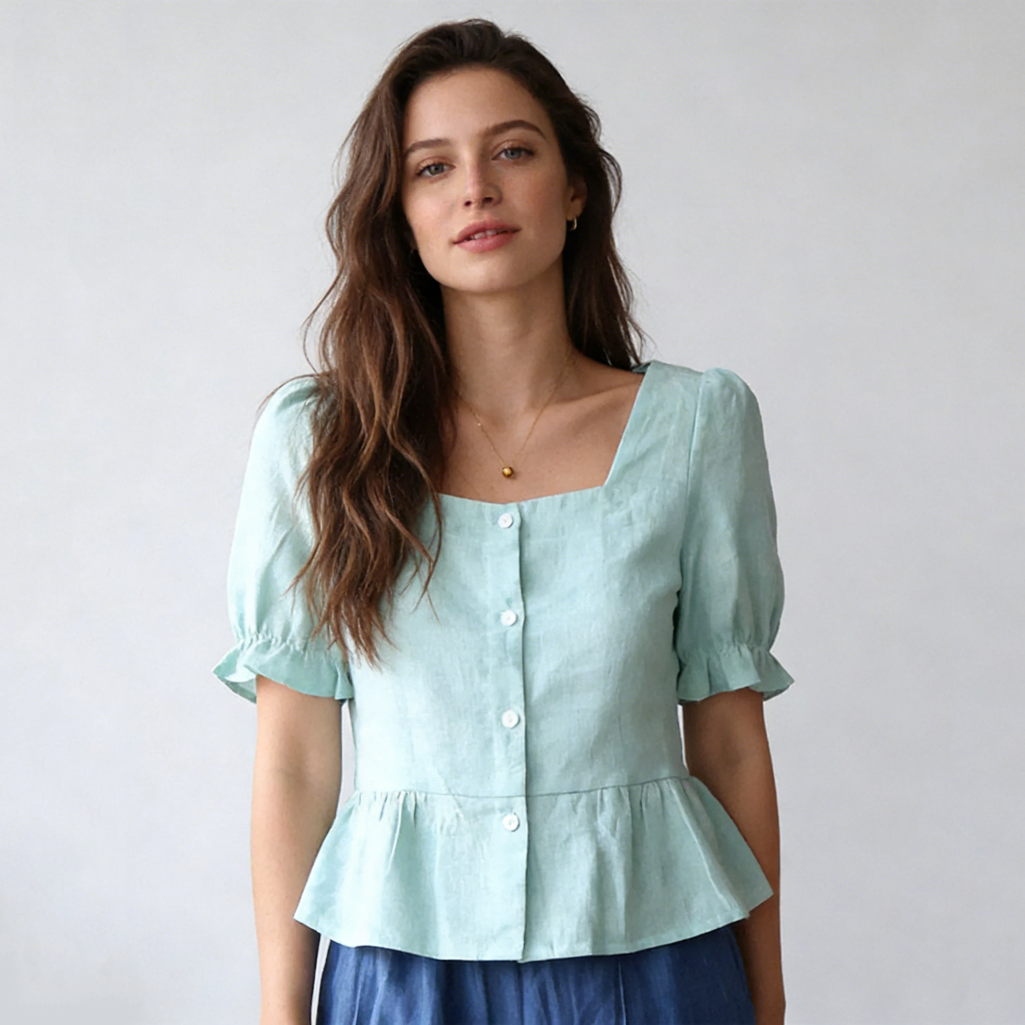 Linen Peplum Blouse Women 100% Linen Square Neck Puff Sleeve Top REAL SILK LIFE