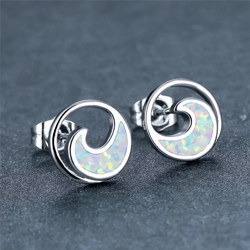 Cute Female Ocean Wave Stud Earrings White Blue Opal Stone Earrings Dainty Gold Silver Color Minimalist Earrings For Women