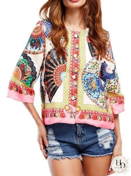 Bohemia Floral Printed Flared Sleeves Outwear Tops