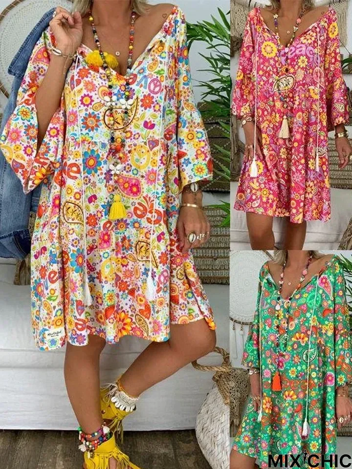 Summer Women Boho Floral Long Sleeve Dress Holiday Beach Shirt Dress Ladies Print Mini Dress Plus Size