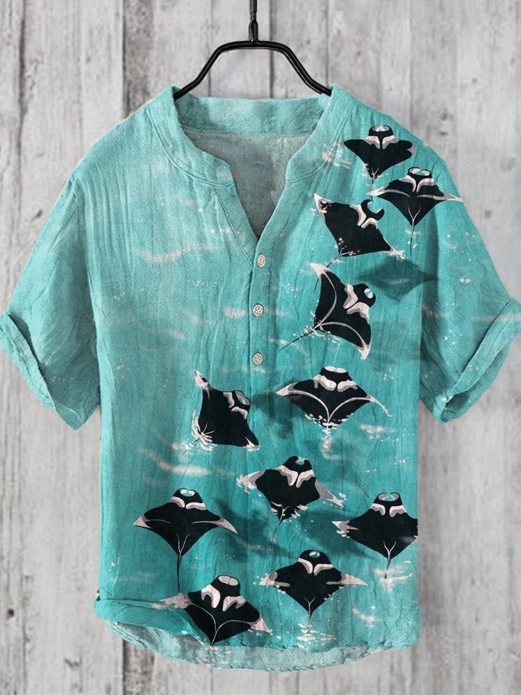 Devilfish Print Linen V-Neck Short Sleeve Shirt