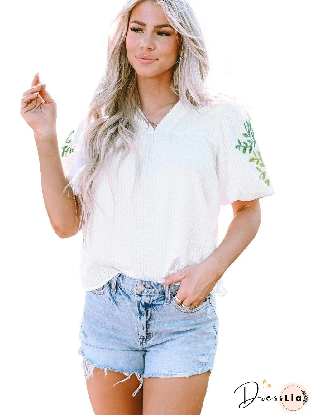 White Floral Embroidered Puff Sleeve V-Neck Mesh Detail Blouse