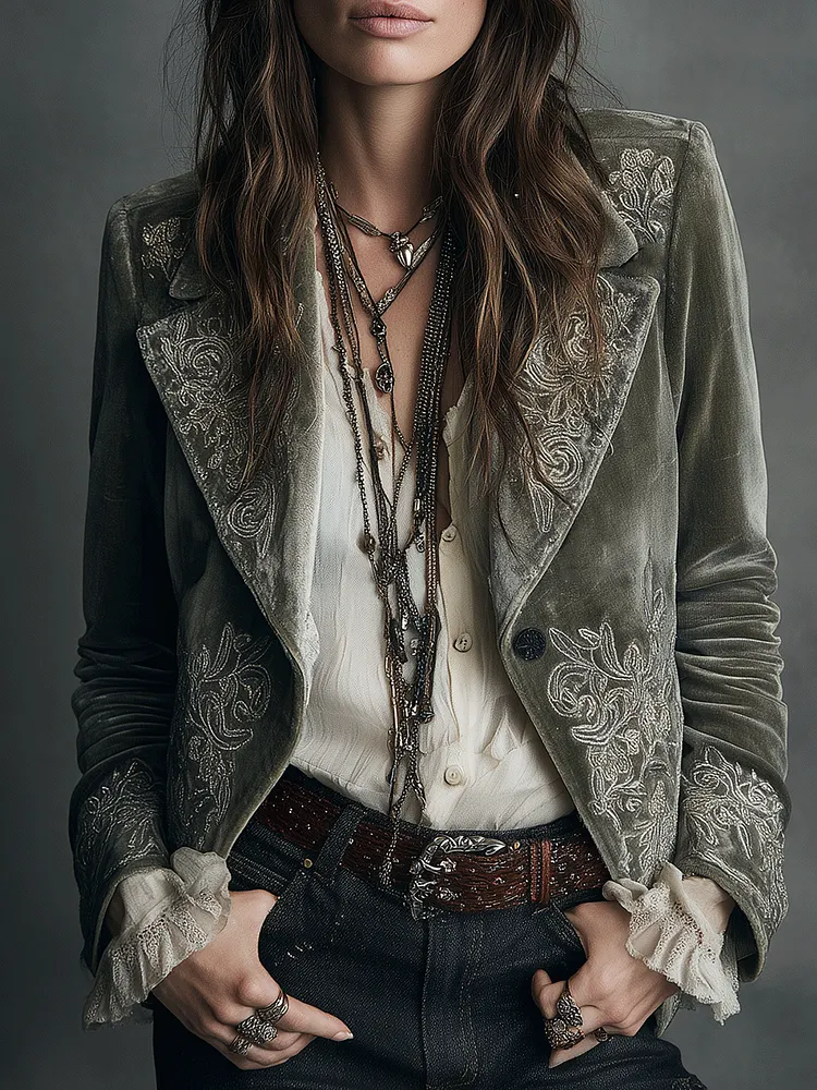 Vintage Grey-Green Velvet Embroidered Cropped Jacket