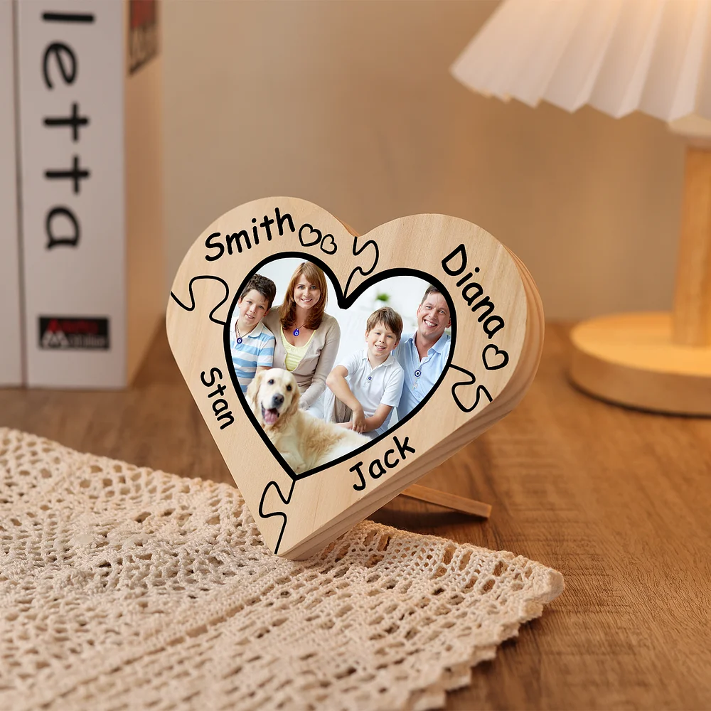 Personalisiertes 1 Foto & 4 Namen Holz Herzornament Puzzle Schreibtischdekoration Geschenk für Familie n4-m1 Kettenmachen