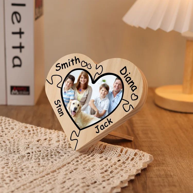 Personalisiertes 1 Foto & 4 Namen Holz Herzornament Puzzle Schreibtischdekoration Geschenk für Familie