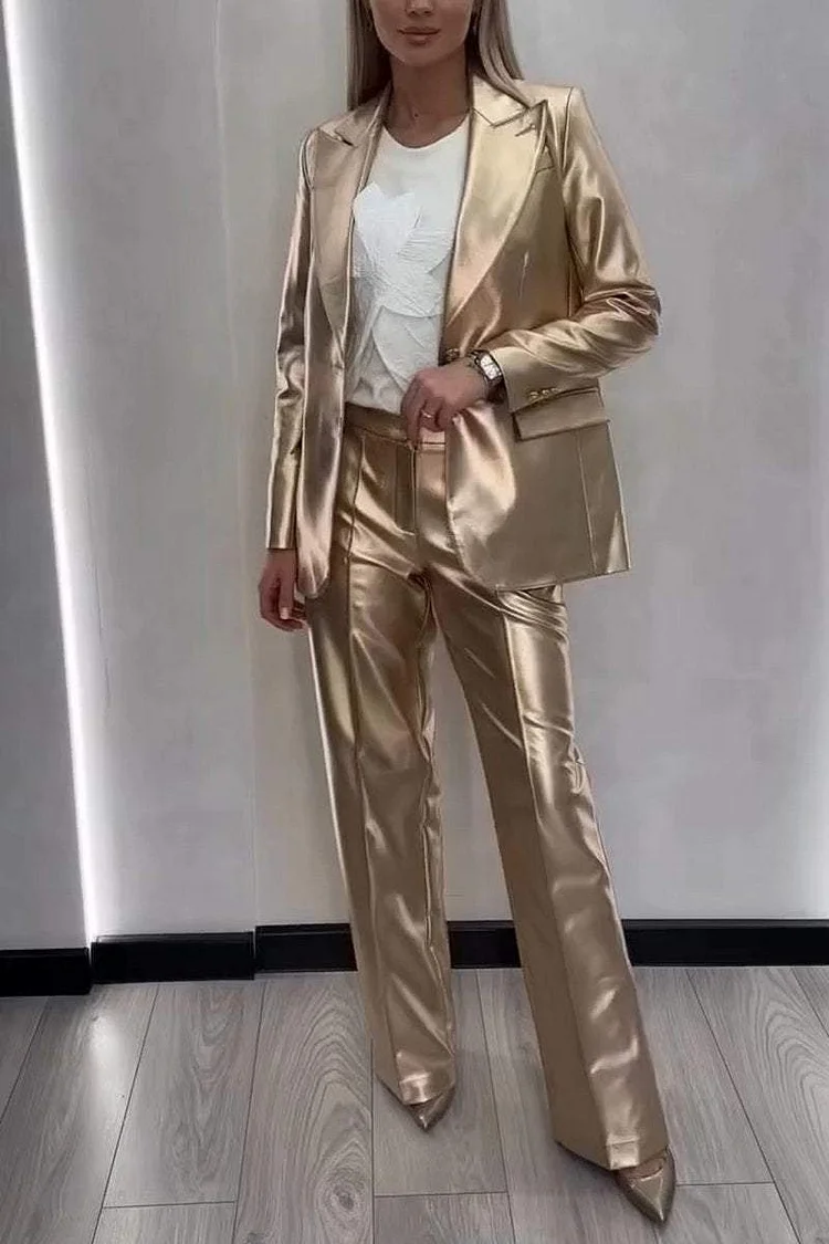 Women's Fashionable Lapel Shiny Two-piece Suit