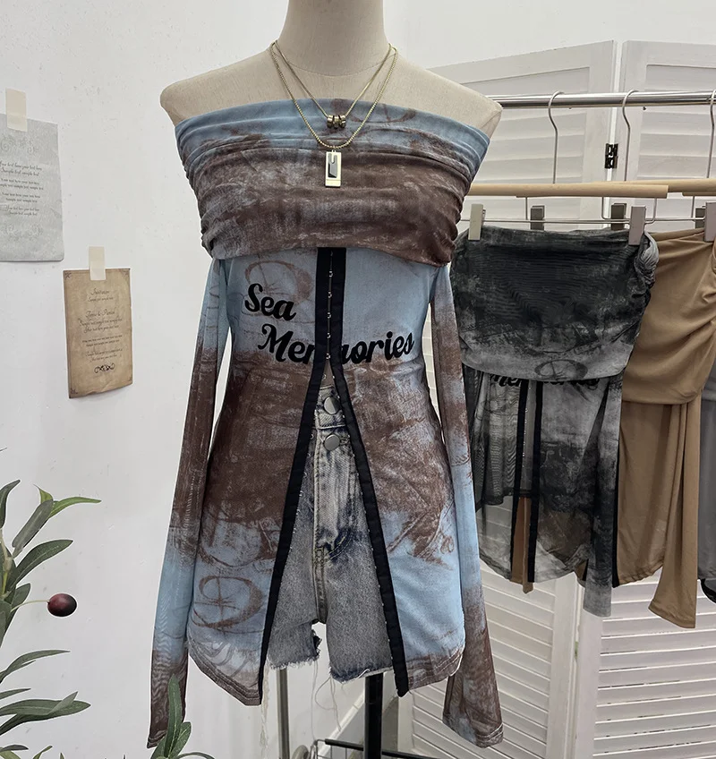 Nigikala Nigikala Picts Single-Layer Mesh Yarn Micro-Sleeved T-Shirt Word Shoulder-Pollid Letter Open Fork Top 1180