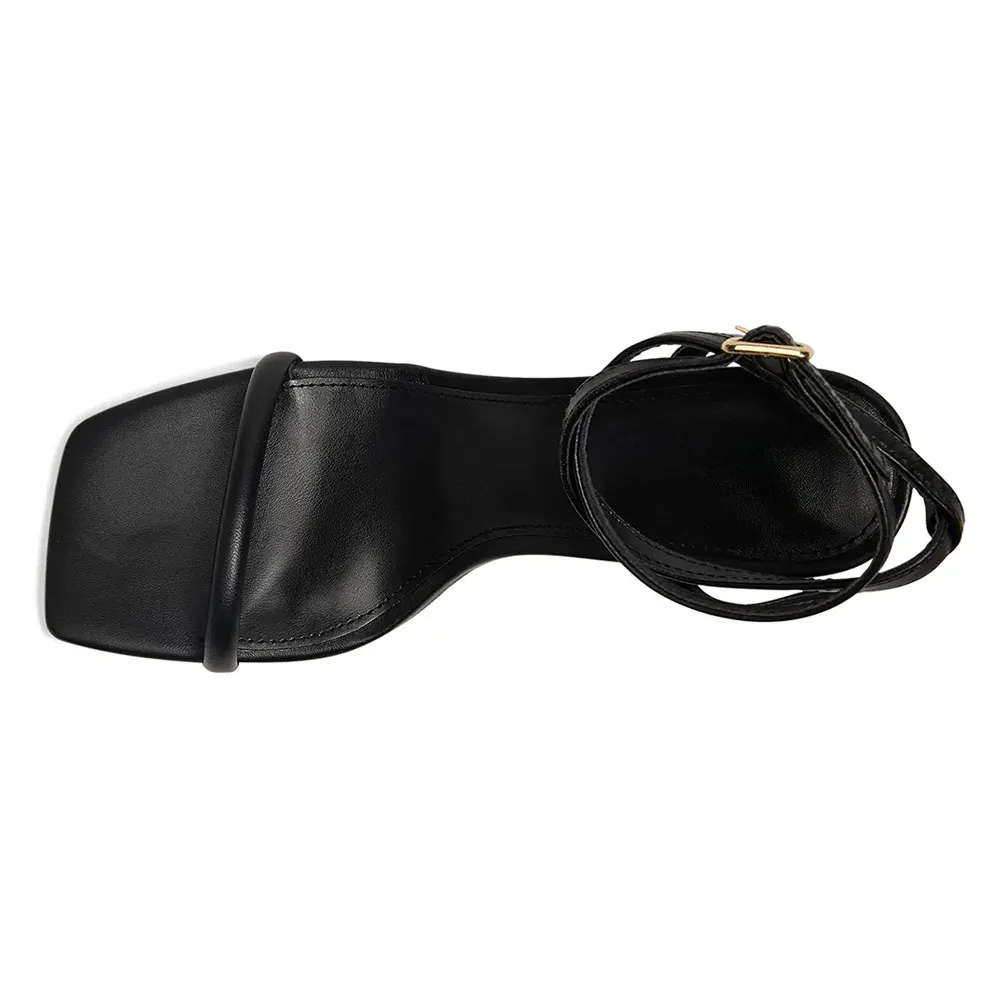Black Square Toe Ankle Strap Buckle Chunky High Heels Sandals