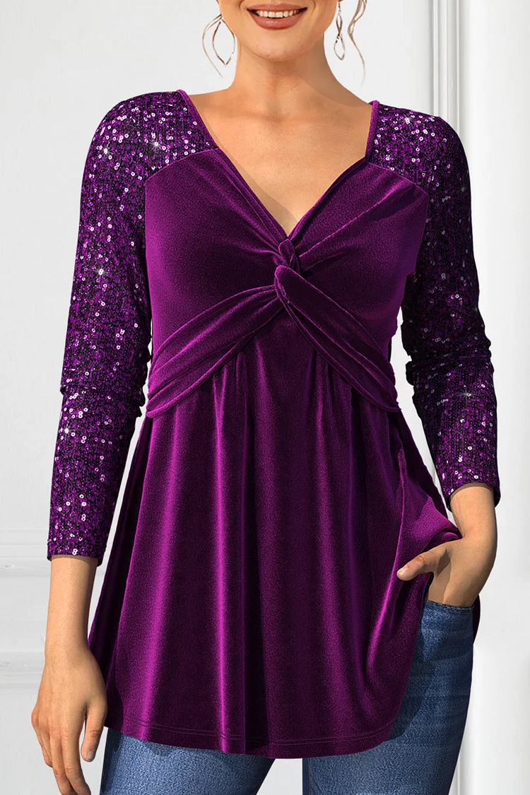 Flycurvy Plus Size Casual Purple Velvet Sparkly Sequin Patchwork Twist Knot Tunic Blouse  Flycurvy [product_label]