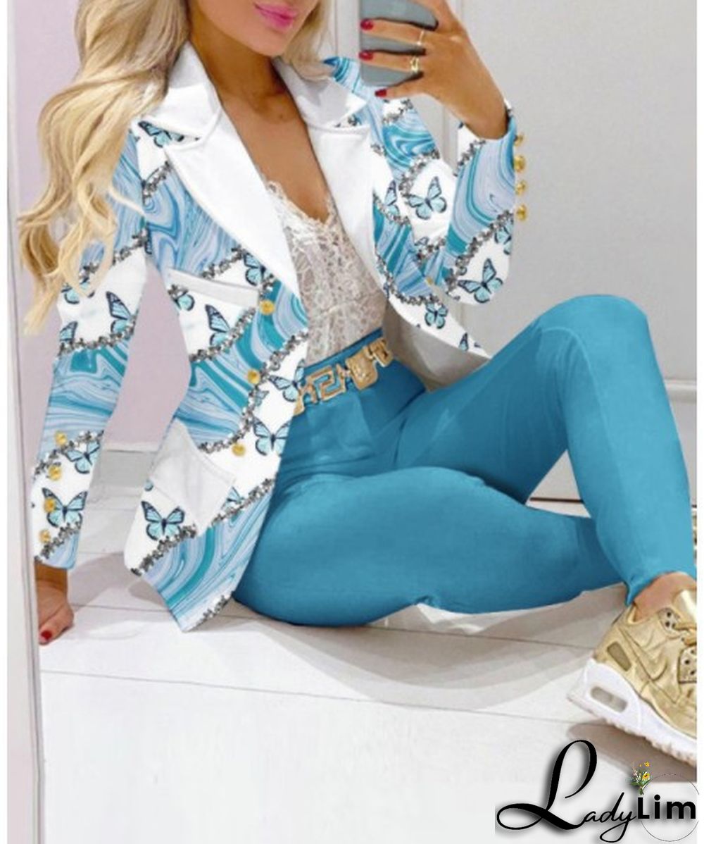 Fall Casual Fashion Suits Women's Print Blazer and pants two piece set