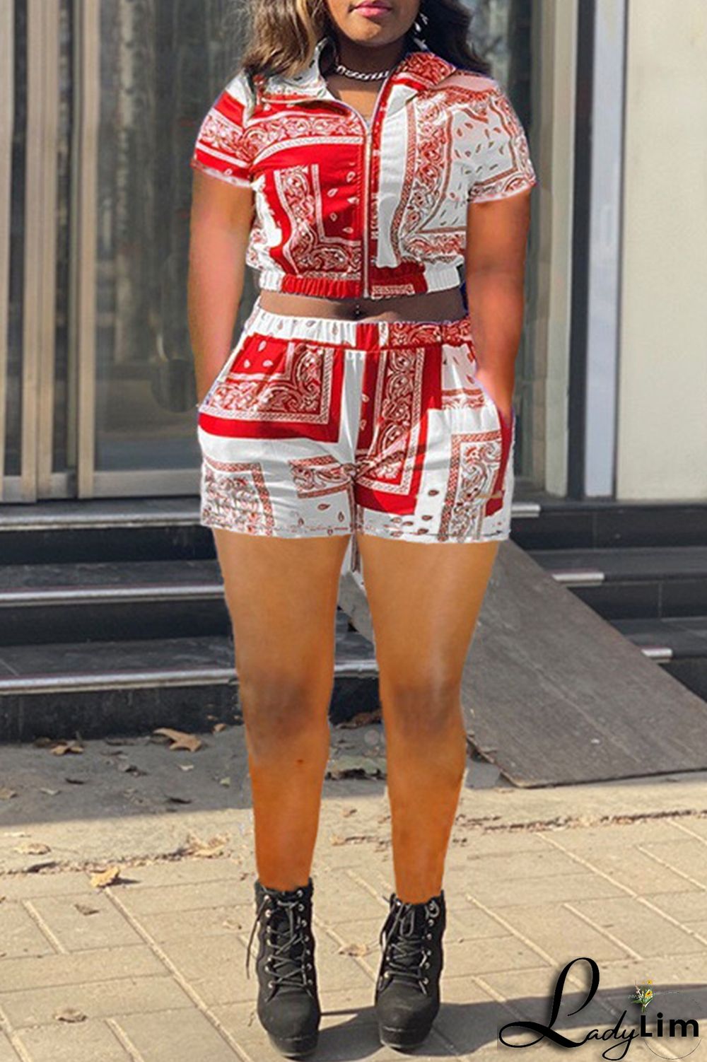 Red Fashion Casual Print Basic Turndown Collar Short Sleeve Two Pieces