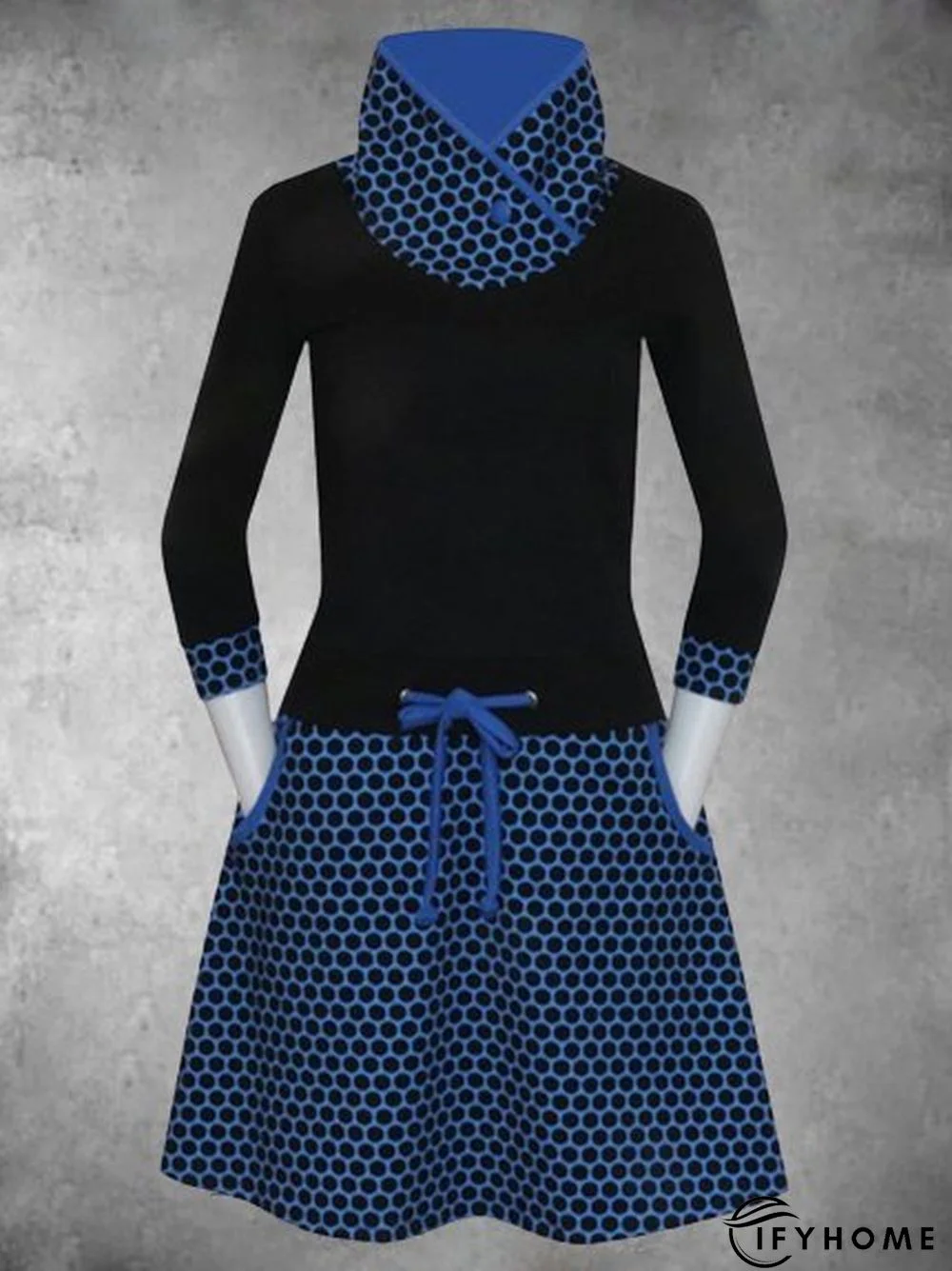 Vintage Long Sleeve Statement Polka Dots Printed Plus Size Casual Knitting Dress | IFYHOME