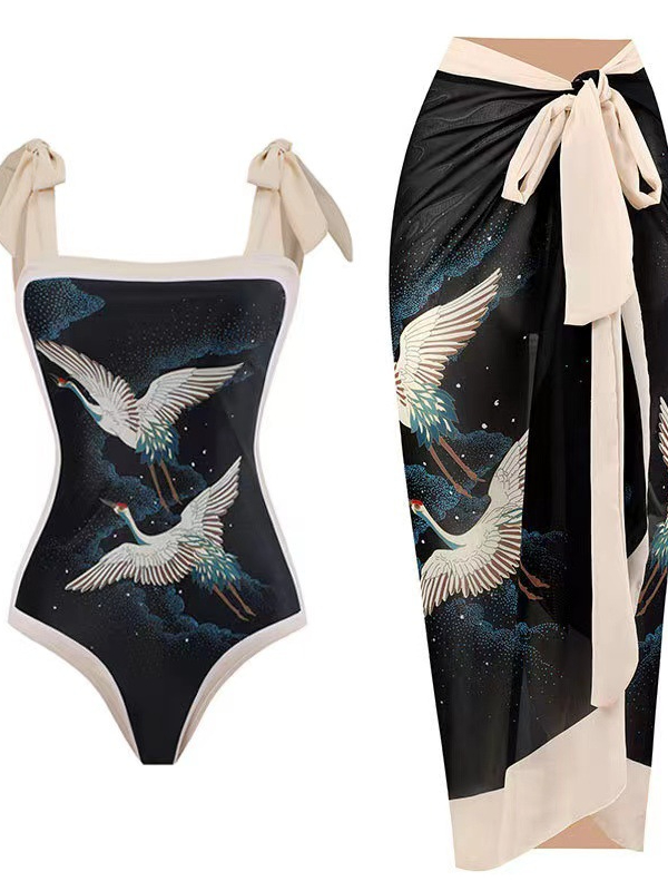Chinese Style Crane Printed Swimsuit Two-piece Sets