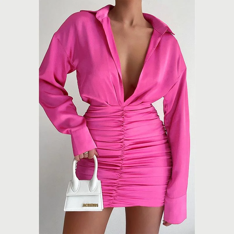 V-neck sexy pleated long-sleeved evening dress-zachics