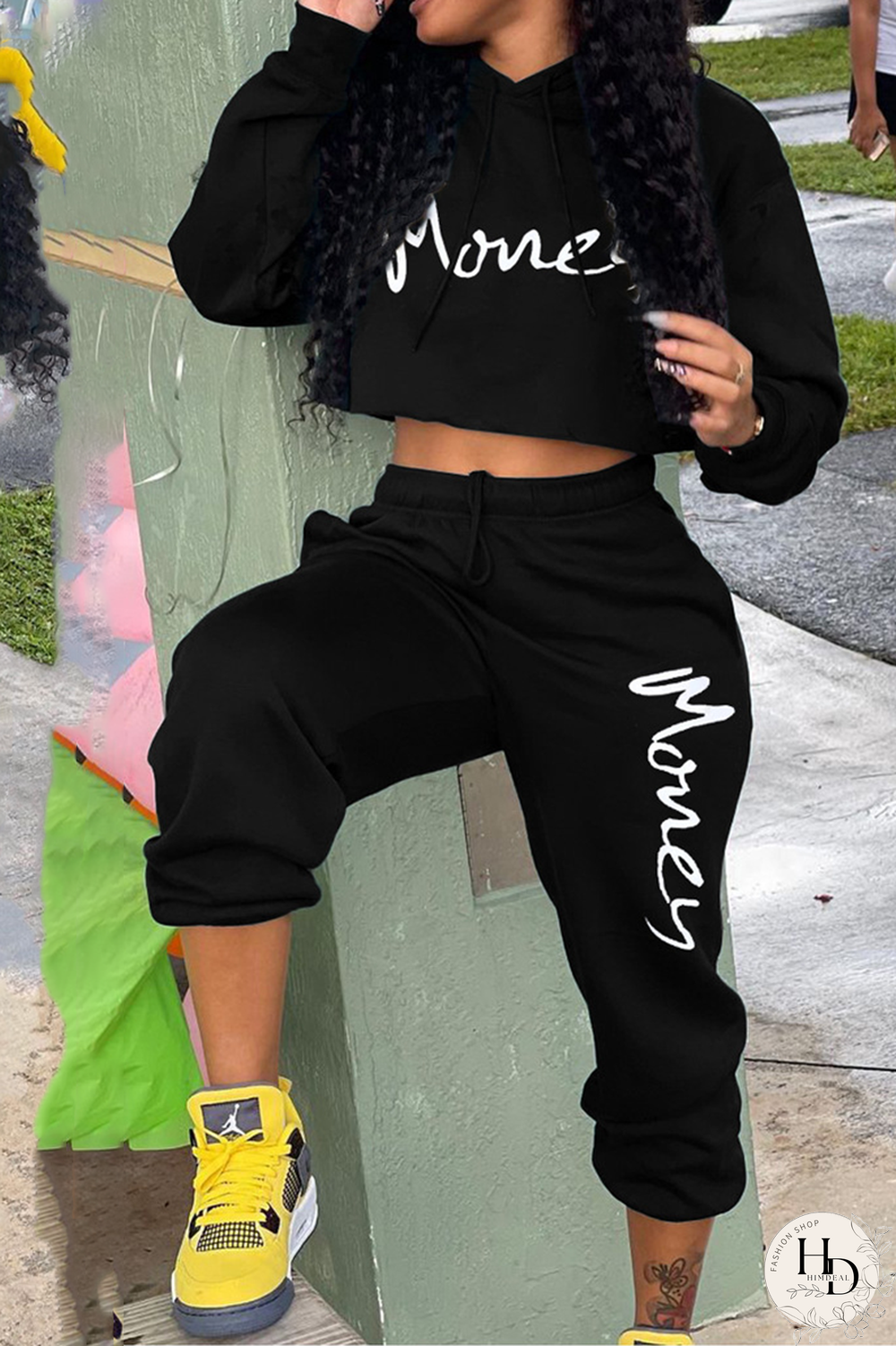 Black Casual Print Split Joint Hooded Collar Long Sleeve Two Pieces