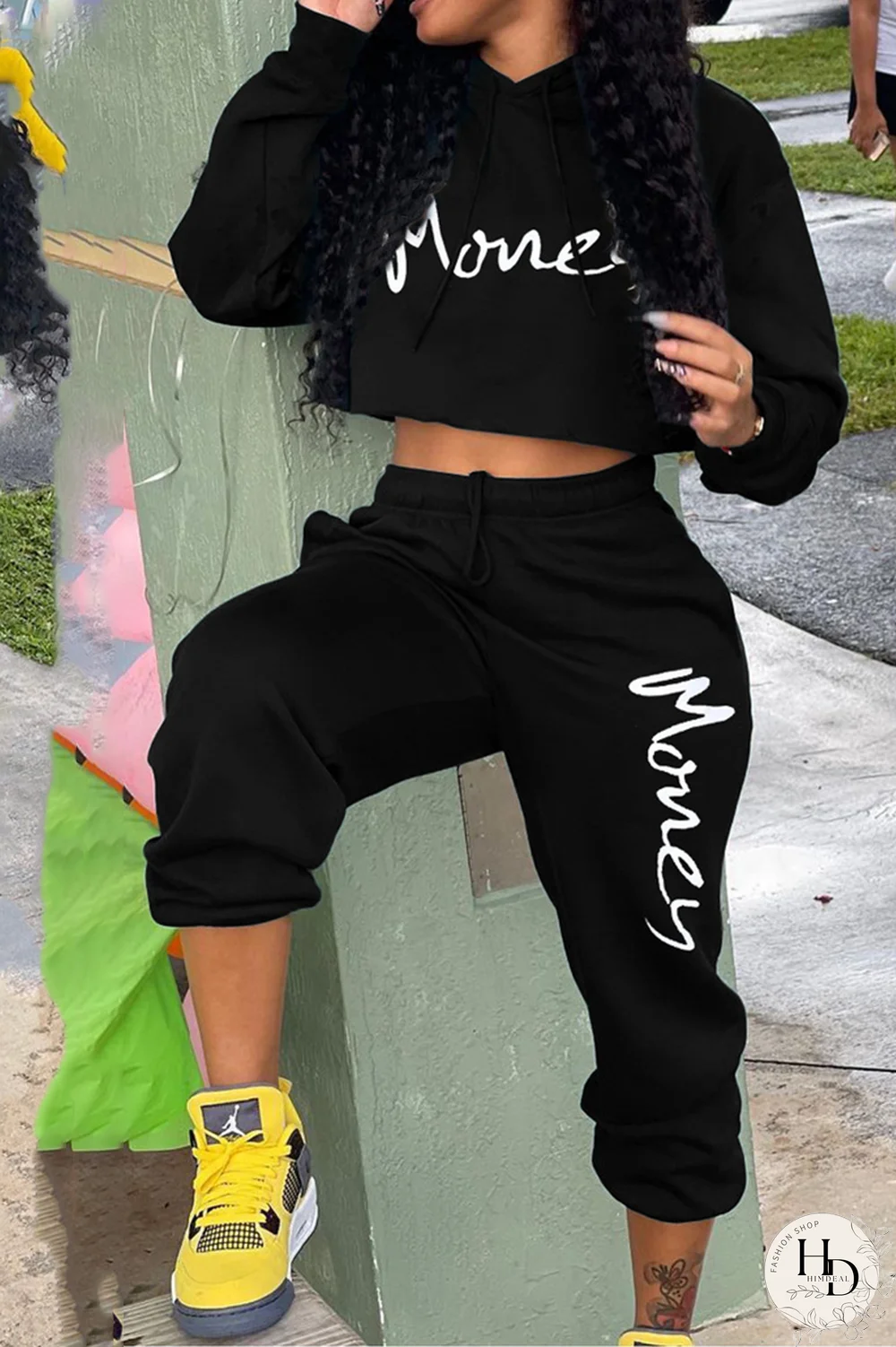 Black Casual Print Split Joint Hooded Collar Long Sleeve Two Pieces