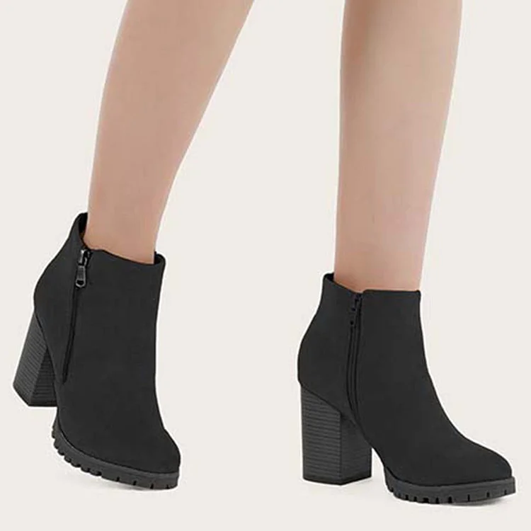 HUXM Black Chunky Heel Booties Round Toe Side Zip Ankle Boots