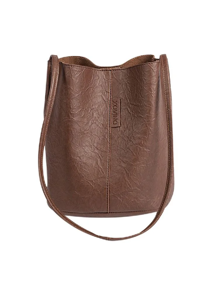 Vintage Women Shoulder Crossbody Bag Leather Bucket Handbag (Dark Brown)