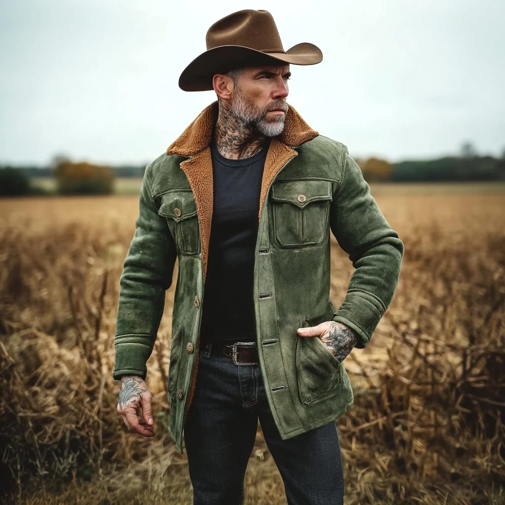 Men's Vintage Fleece Multi-Pocket Lapel Shearling Jacket-inspireuse