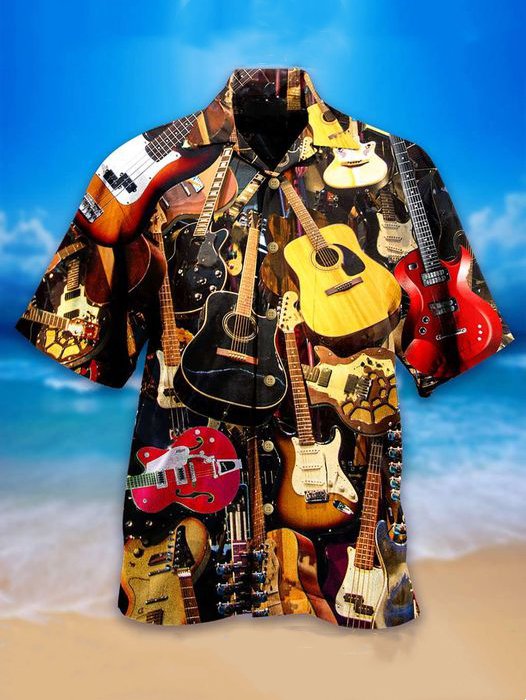 Men's Cuban Collar Retro Guitar Pattern Hawaiian Shirt PLUSCLOTHESMAN